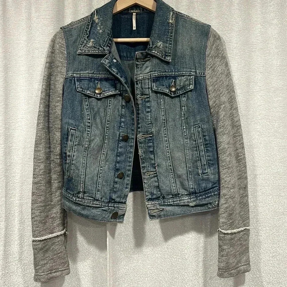 Free People Jean Jacket with Fabric Sleeves - Picture 1 of 4